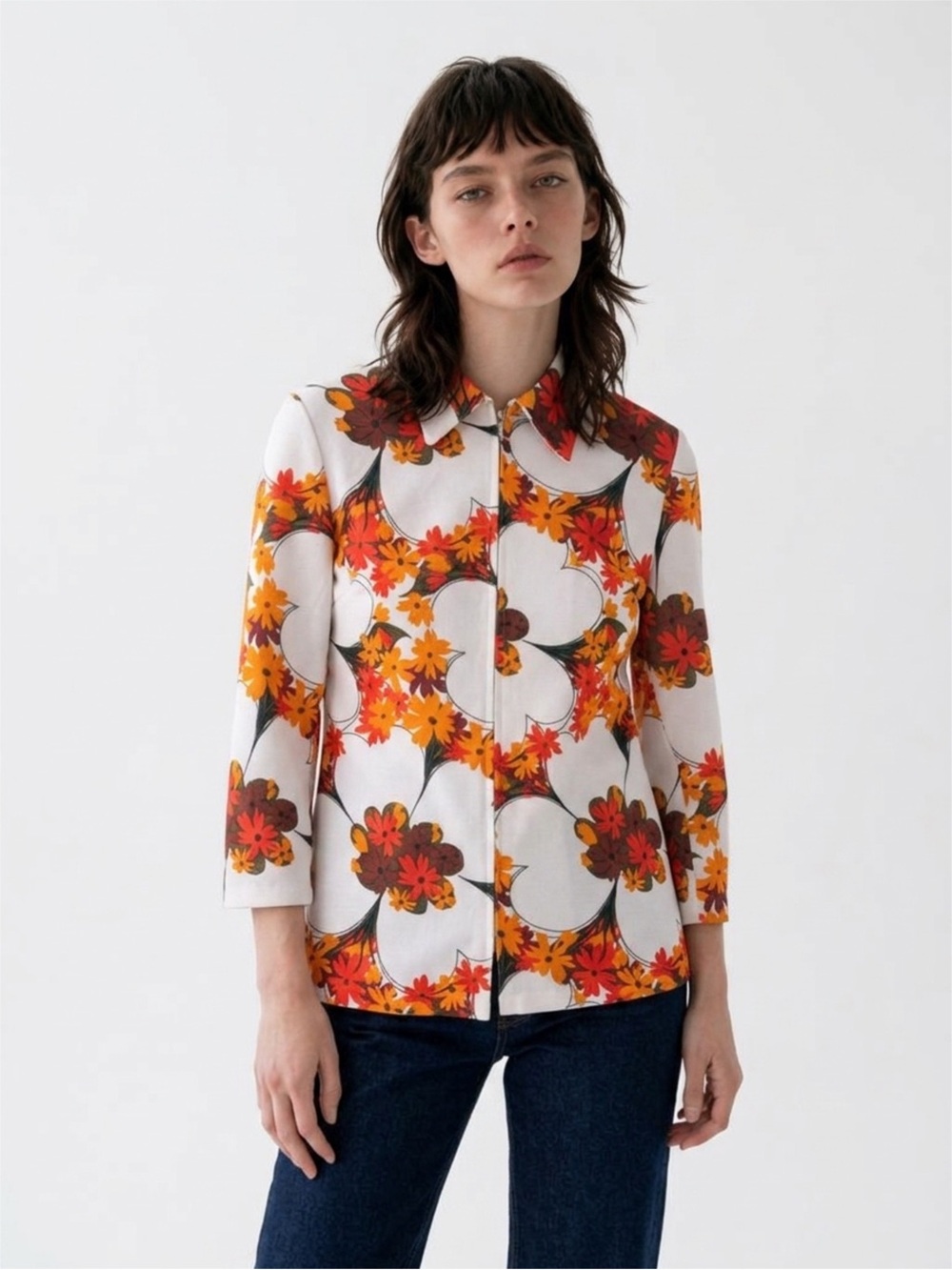 Vintage Floral Zip Jacket in White, Orange & Red